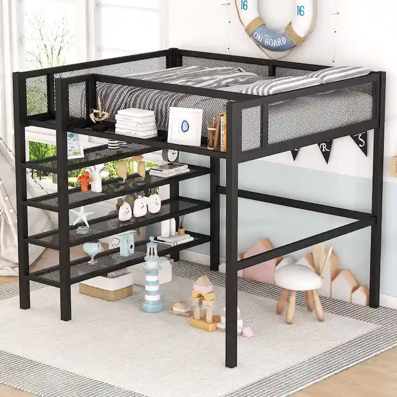 Full Size Metal Loft Bed with 4-Tier Shelves and Storage, Full Loft Bed Frame for Dorm, Boys & Girls, Teens