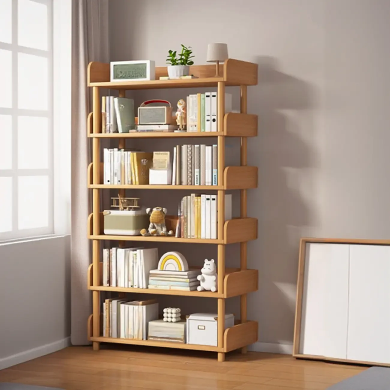 Vertical Natural Multi-Shelf Open Back Wood Bookcase