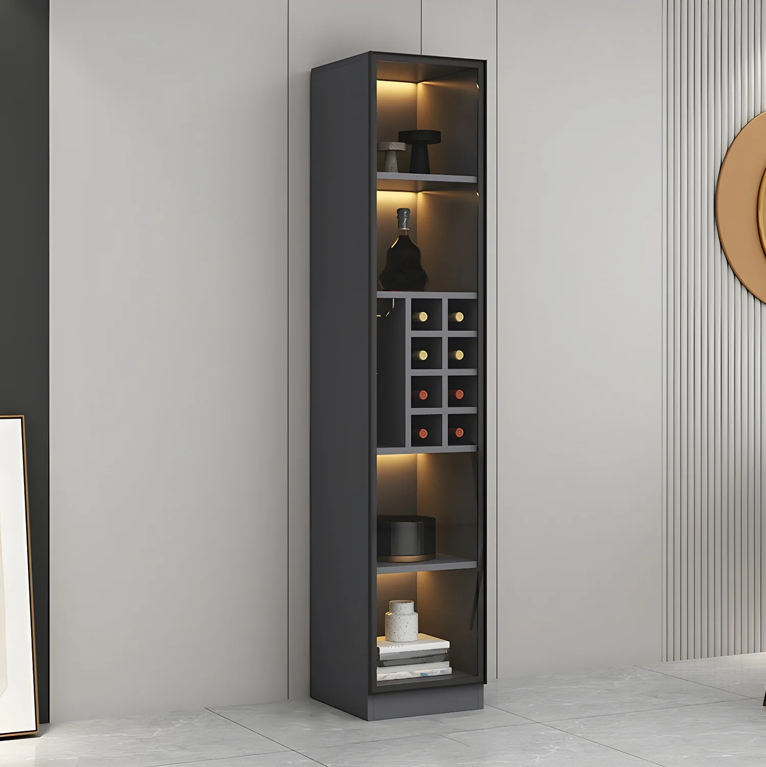 Lighting Modern Freestanding Black Wooden Wine Cabinet
