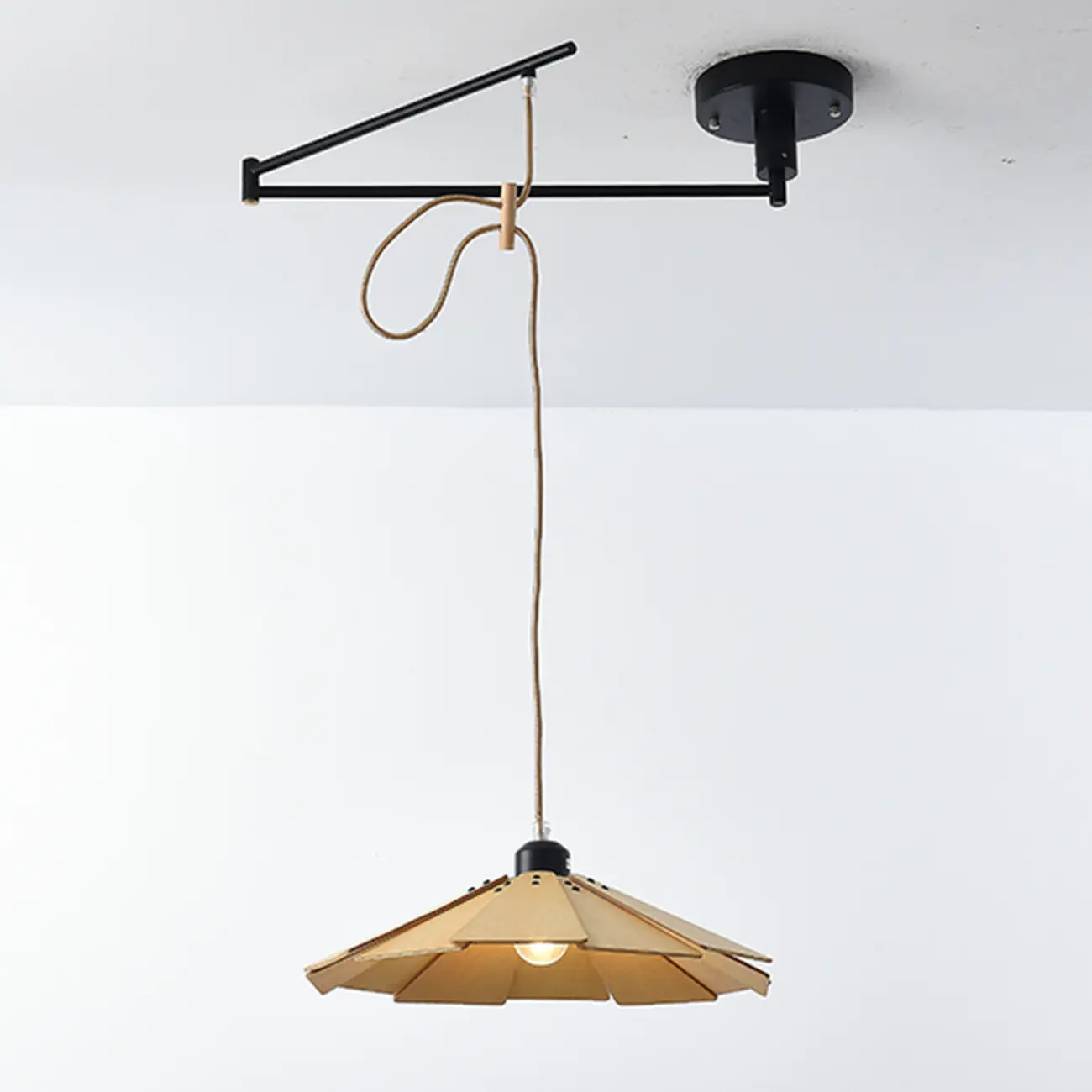 Modern Flexible Round Pendant Light in Solid Wood and Metal