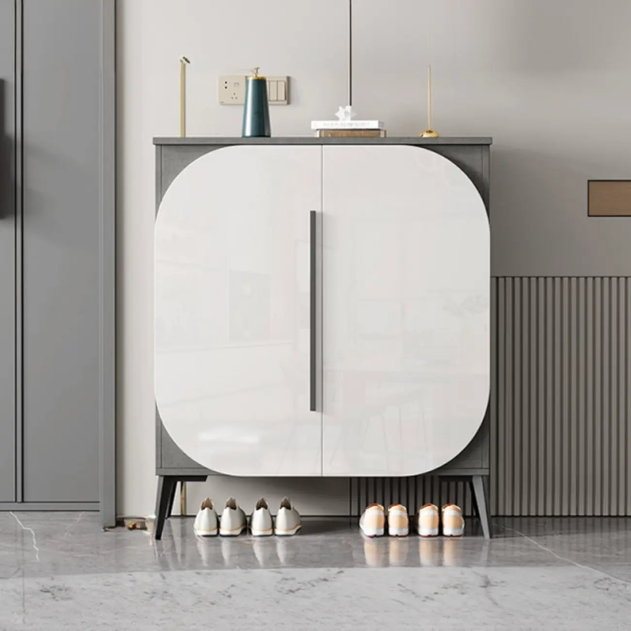 Trendy Gray-White Wooden Shoe Cabinet with Display Top