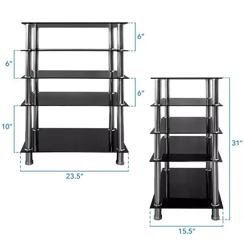 Mount-It! Tempered Glass AV Component Media Stand, Audio Tower and Media Center with 5 Shelves, 220 Lbs Total Capacity, Black Shelves Chrome Legs
