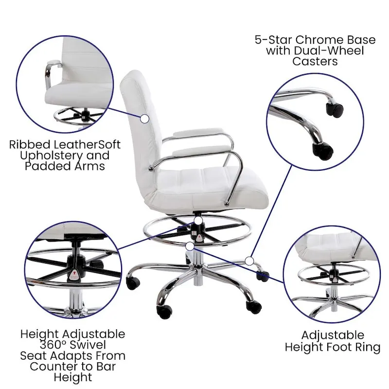 Mid-Back LeatherSoft Drafting Chair with Adjustable Foot Ring and Chrome Base