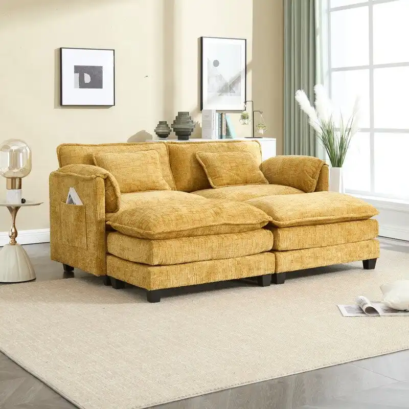 76.77  Chenille Upholstered Sofa with 2 Ottomans