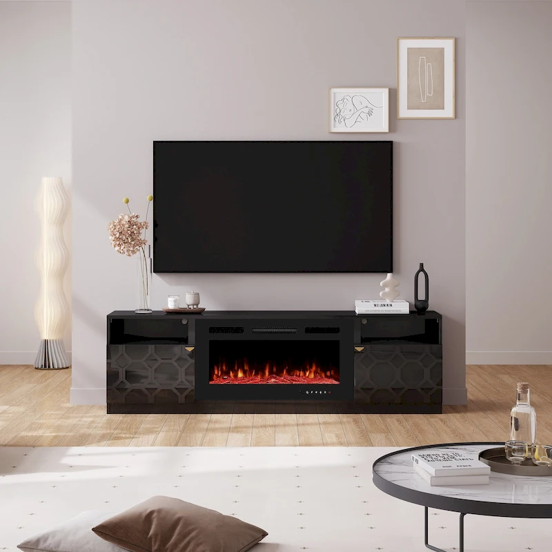 Clihome 36 Electric Fireplace High Gloss 70 TV Stand
