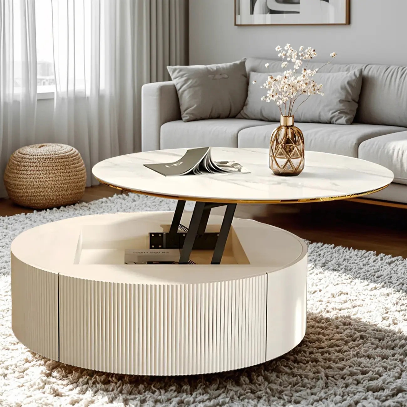White Round Wood Lift-Top Drawer Coffee Table