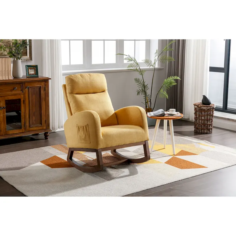 Modern Glider Chair, Recliner Armchair with Wood Legs and Side Pocket, Nursery Rocking Accent Chair with High Back
