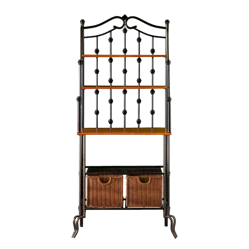 Black Baker's Rack with 2 Rattan Baskets, Wire Shelf and Oak Finish Shelves – Single Unit