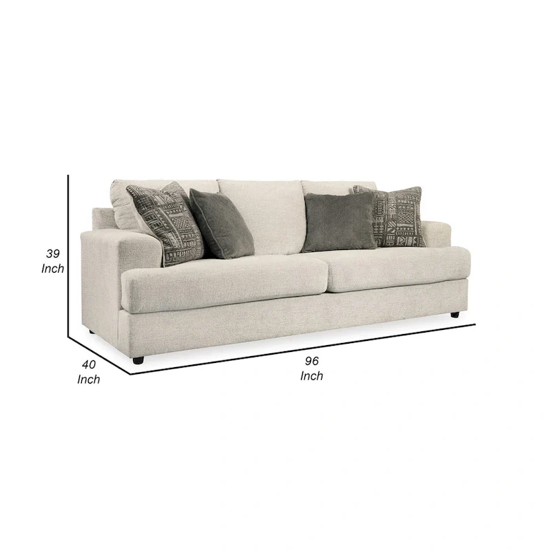 Tren 96 Inch Sofa with 4 Jacquard Pillows, Soft Beige Chenille Polyester