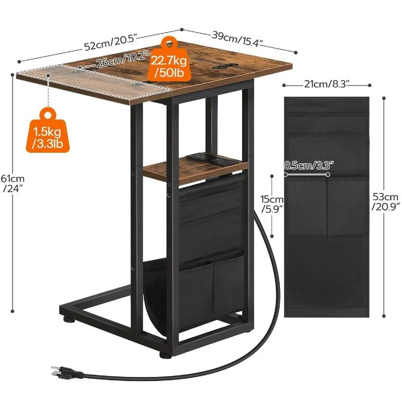 C-Shaped Side Table with Charging Station, Rustic Brown + Black, for 1 Person