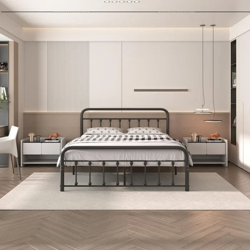 Black Metal Bed Frame with Vintage Headboard and Footboard,No Box Spring Needed,Premium Stable Steel Slat Support,Black