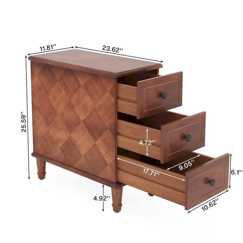 Wood End Table, Fully Assembled Narrow Side Table with 3 Drawers