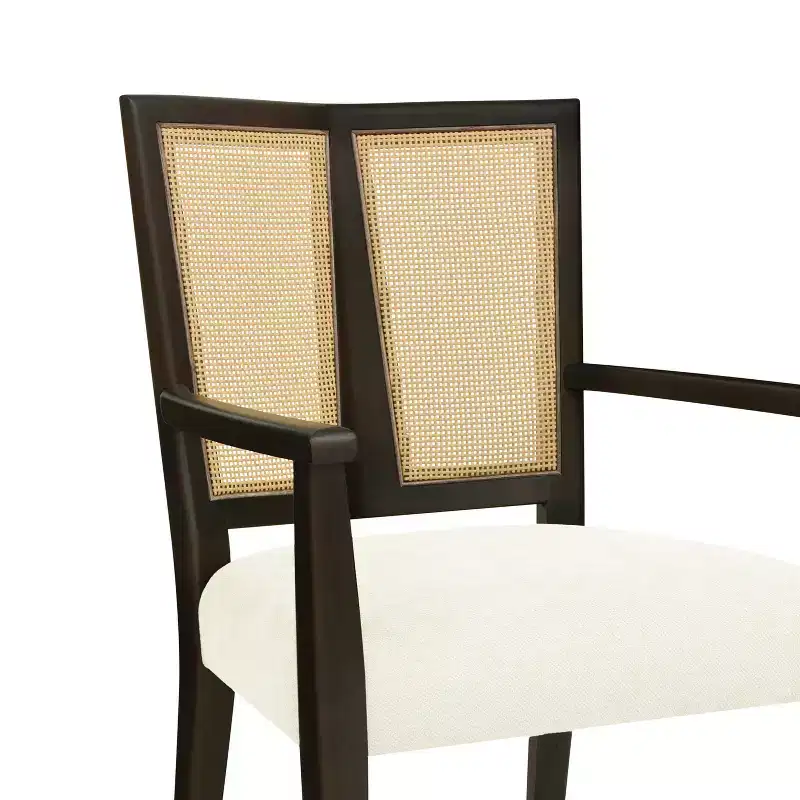 Beige/Dark Brown Upholstered Dining Arm Chairs with Rattan Back, Set of 2