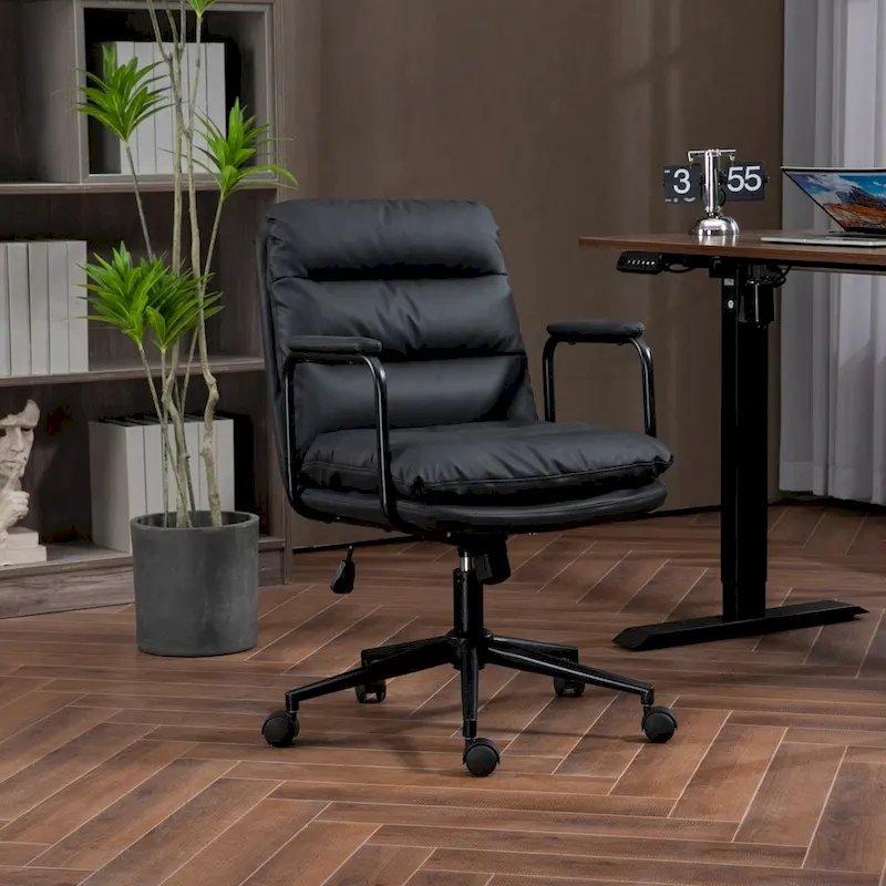 Office Chair,Mid Back Home Office Desk Task Chair with Wheels and Arms Ergonomic PU Leather Computer Rolling Swivel Chair