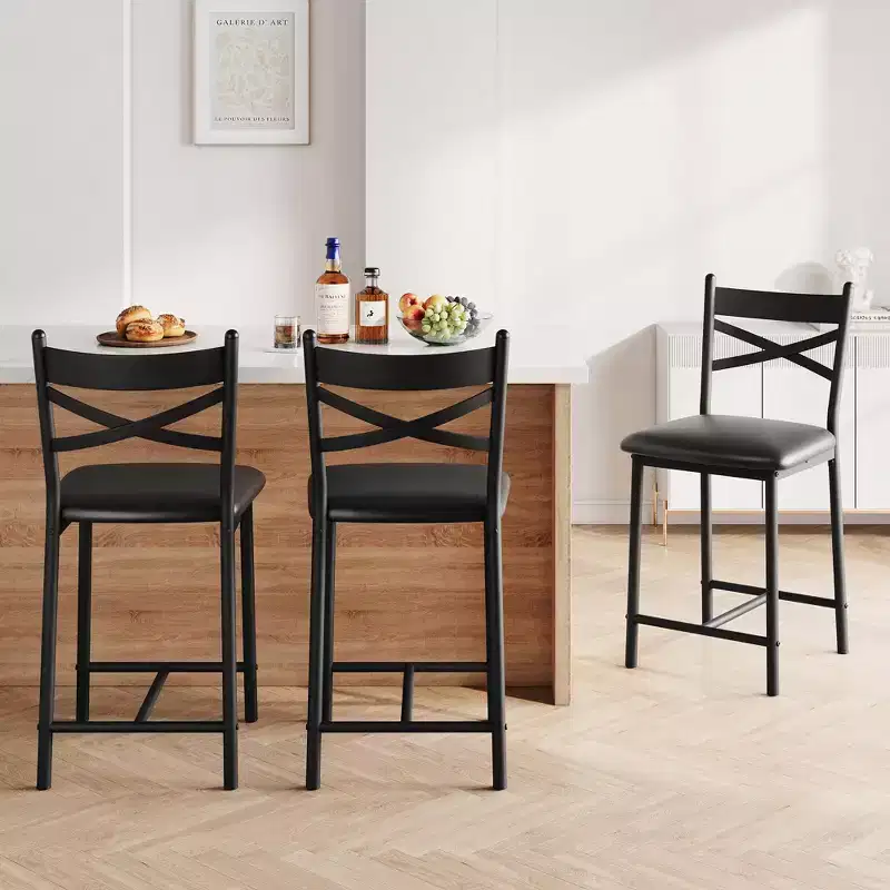Set of 2 Counter Height Bar Stools, PU Leather Upholstered Seats with X-Back Metal Frame, Stylish Kitchen Island & Dining Room Chairs