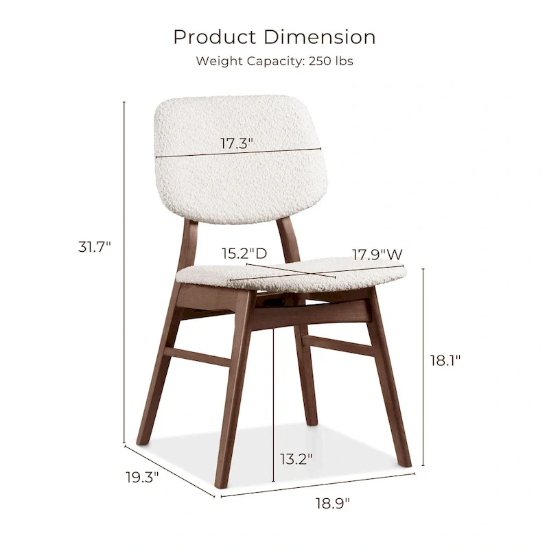 Mid-century 2-Pack Walnut Dining Chair Set with Boucle Upholstery