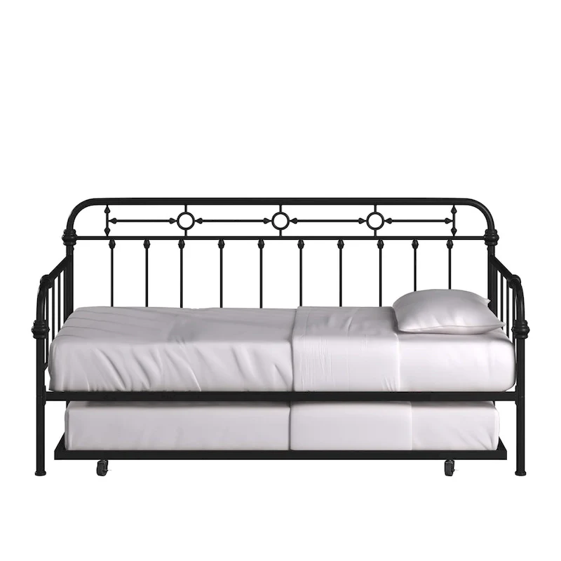 Antique Dark Bronze Metal Daybed with Trundle, Classic Style Twin Guest Bed