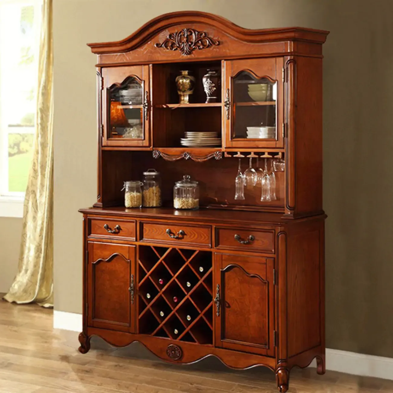 Brown Wood Countertop Dining Hutch Cabinet with Glass Doors