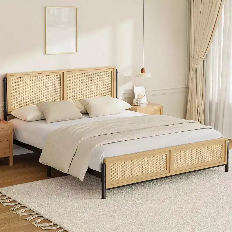 Acekool Boho Rattan Bed Frame Natural Wood Platform with Headboard Storage for Bedroom
