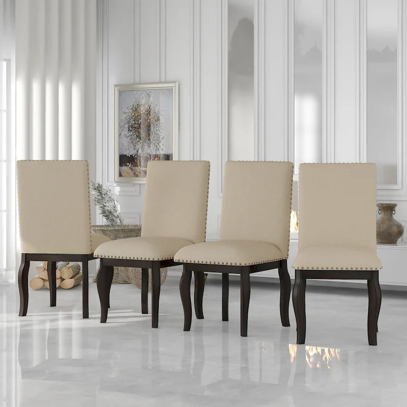 Set of 4 Wooden Upholstered Dining Chairs with Nailhead