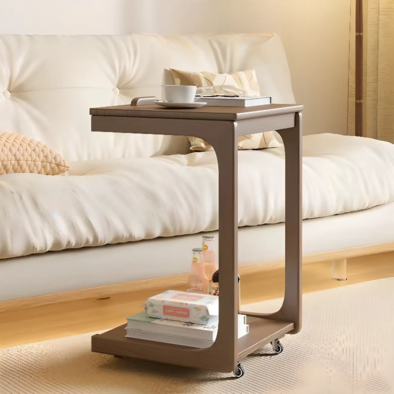 Scandinavian Wooden Flip-Top C-Shaped Side Table with Wheels