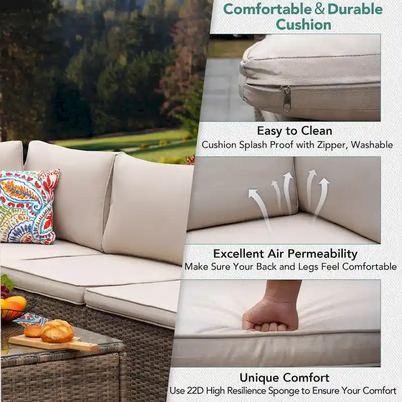 7-Piece Wicker Patio Conversation Set with Cushions and Glass Table