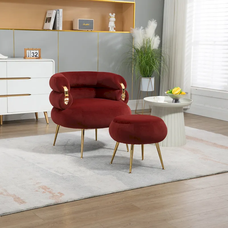 Wine Red Upholstered Barrel Chair with Ottoman and Metal Legs