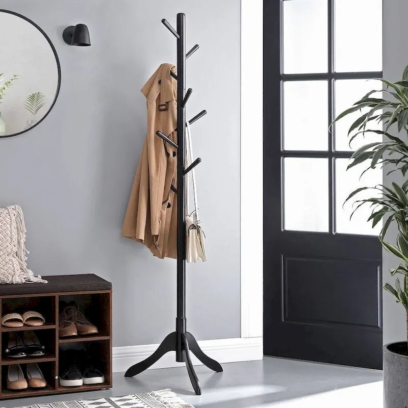 Solid Wood Modern Coat Rack, 8 Hooks, 53 lb Capacity, Adjustable 3-Section Design with Triangular Base