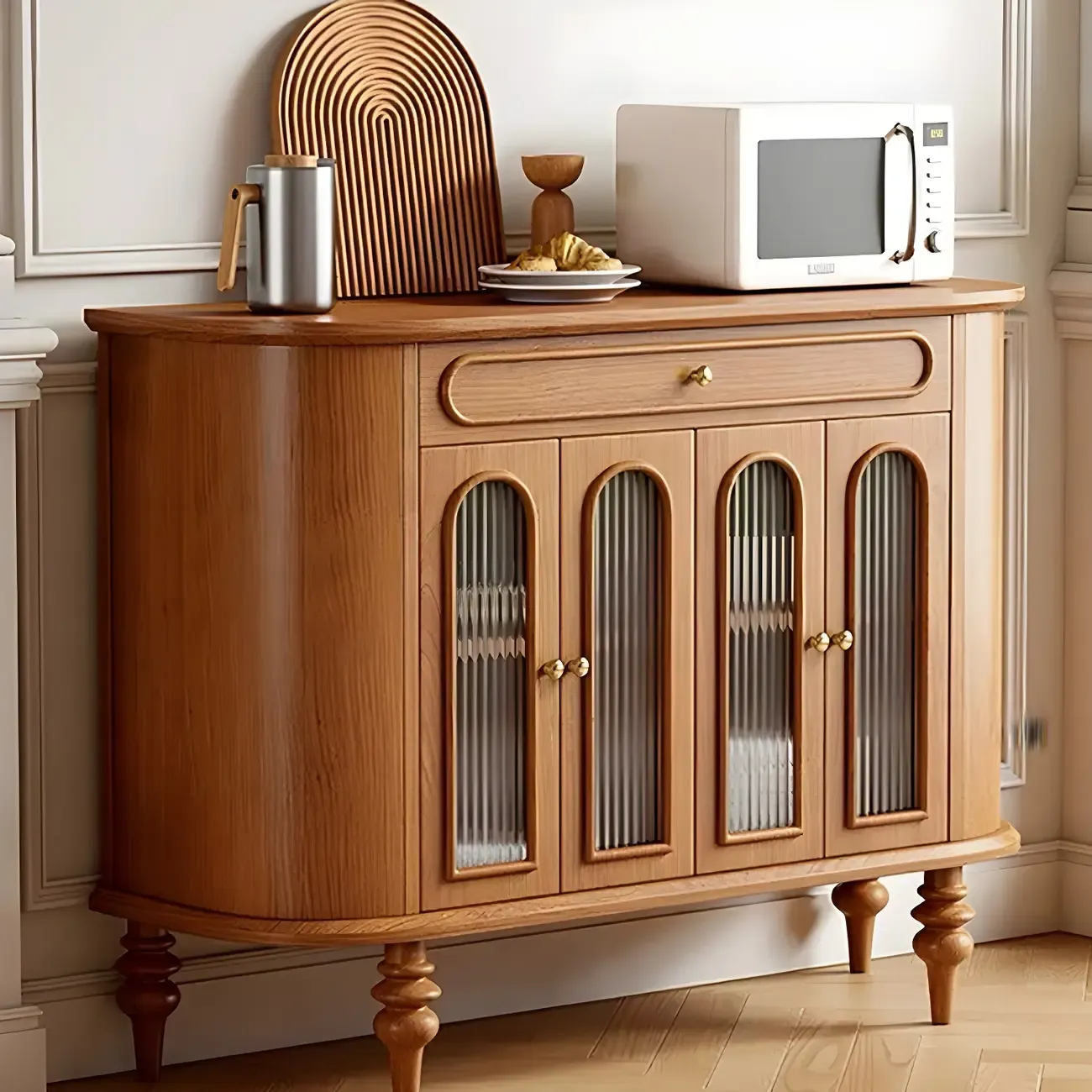 French Country Wooden Buffet Table with Cabinets