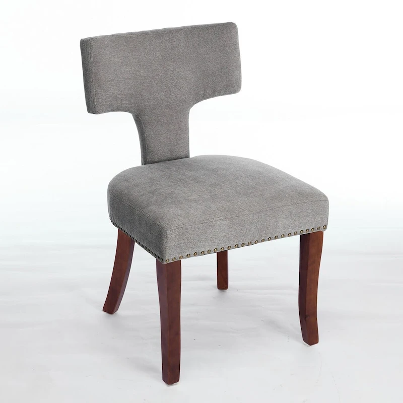 Modern Dining Chairs Set of 2, Farmhouse Linen Fabric Upholstered Accent Chair Curved Backrest with Copper Nails around