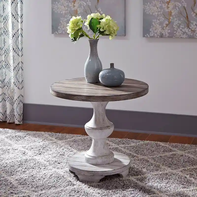 Round End Table – Distressed White, Wood Top, Single