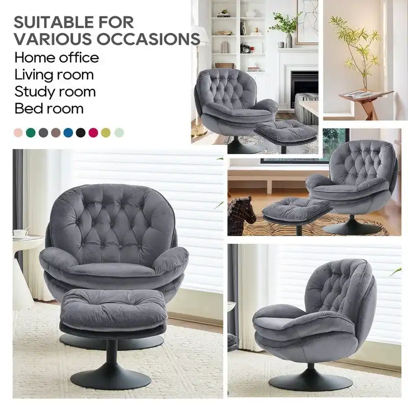 Velvet Swivel Accent Chair with Ottoman Round Reading Accent Chair Foot Stool Ottoman Set,360 Swivel,Metal Frame