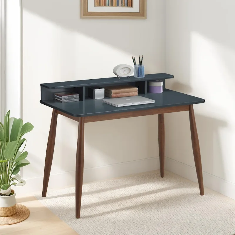 Roskilde Grey Blue Wooden Storage Office Desk with Shelves and Drawers