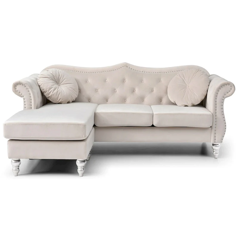 Hollywood 81 in. Velvet Chesterfield Sectional Sofa with 2-Throw Pillow - 81L x 35W x 34H