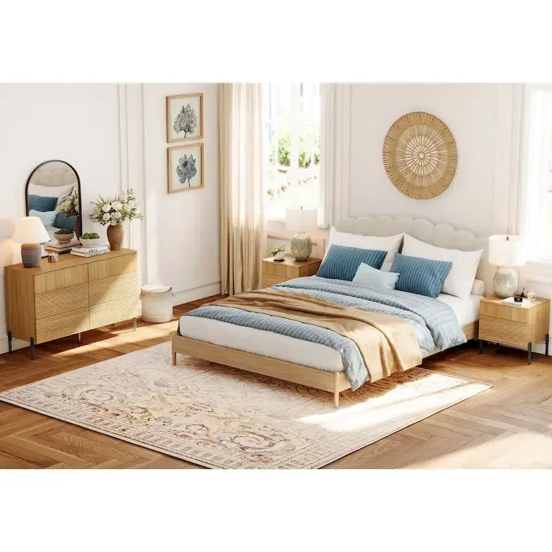 WAMPAT 3-Piece Modern Bedroom Set, 47 Fluted Dresser with 6 Drawers & 2 Nightstands with Charging Station, Oak