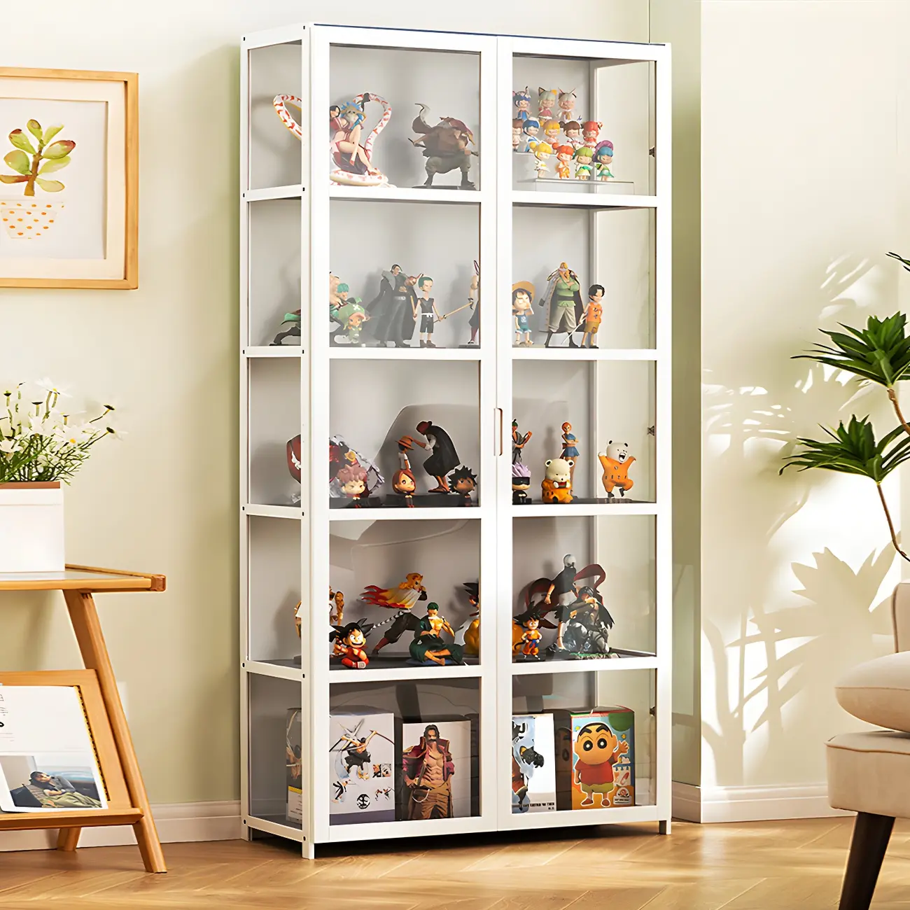 White Modern Bamboo Clear Figure Curio Cabinet