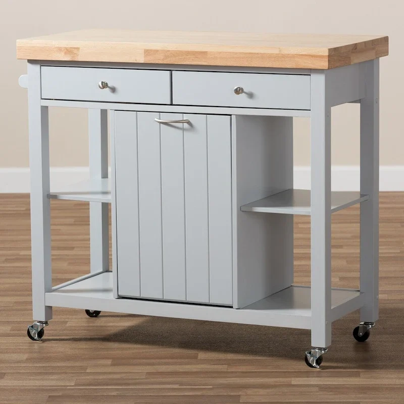 Farmhouse Grey Wood Kitchen Cart with Rubberwood Top