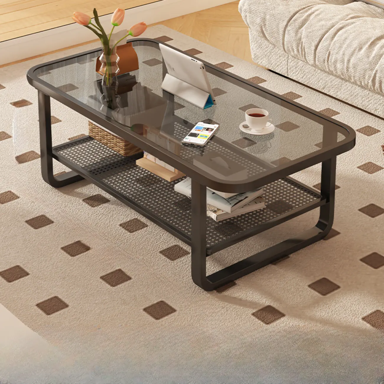 Modern White Rectangle Glass Coffee Table with Shelf