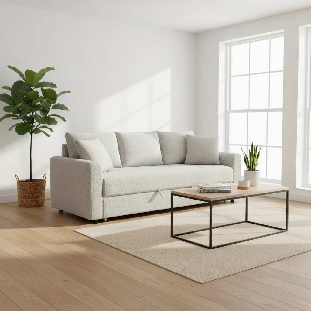 Sleeper Sofa, Full Fold Out Bed, 2 Pillows, Gray Boucle, 89 Inch