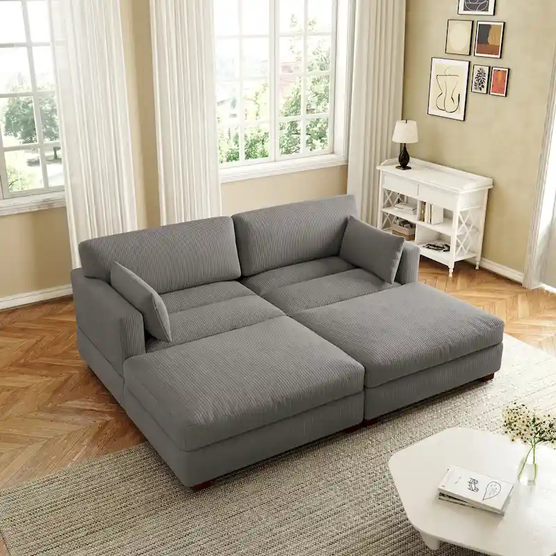 Modern Corduroy Sectional Sofa With Armrest Cushions