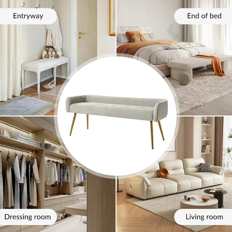Luis Modern Upholstered Low Back Bench with Sturdy Golden Metal Tapered Leg by HULALA HOME