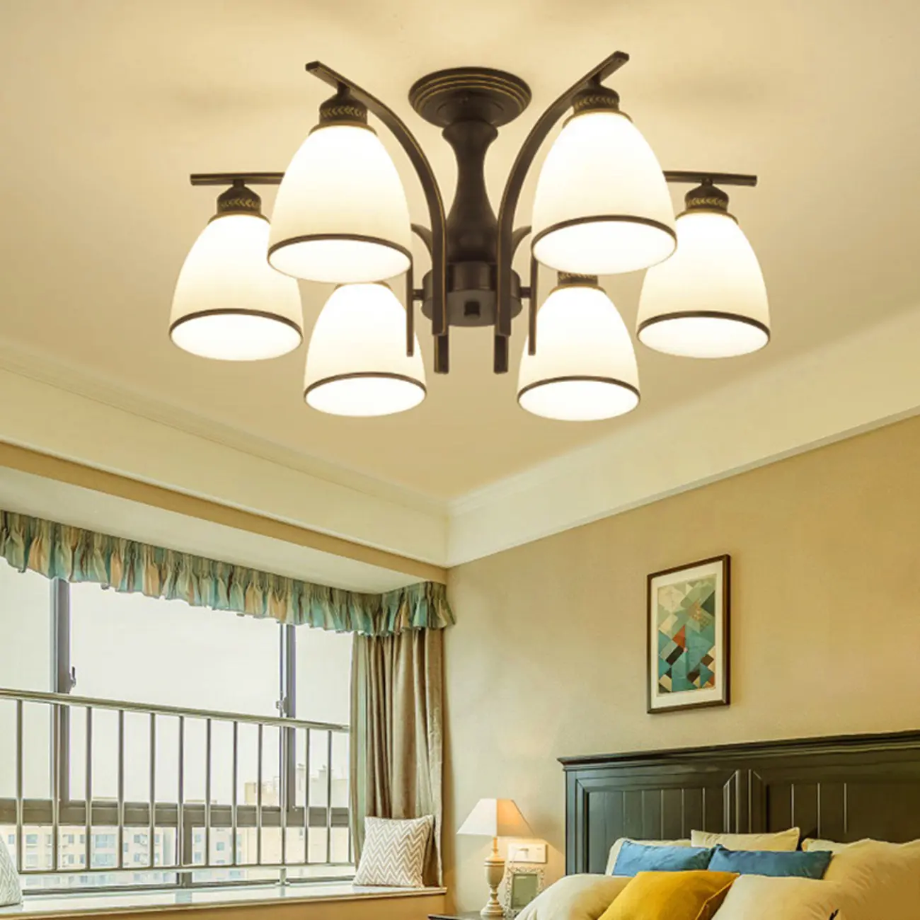 Traditional Black Cylinder Glass Semi-Flush Mount Ceiling Light