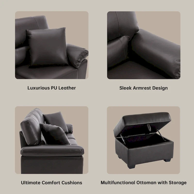 Upholstered Living Room Set, 4 Pieces - Faux Leather Chair, Loveseat, sofa with Ottoman
