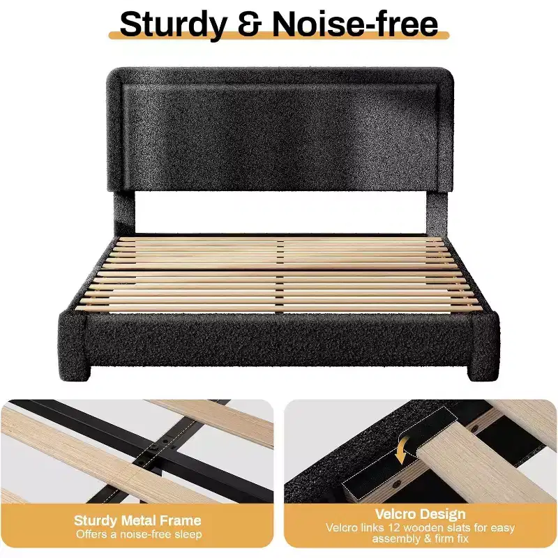 Dyonery Boucle Bed Frame,Black Upholstered Teddy Fabric Bed Frame with Headboard,No Box Spring Required, Adjustable Headboard, Easy Assembly