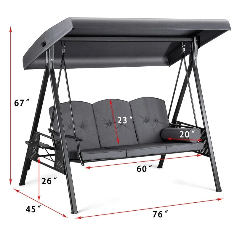 3-Person Metal Patio Swing with Canopy and Cushions - N/A