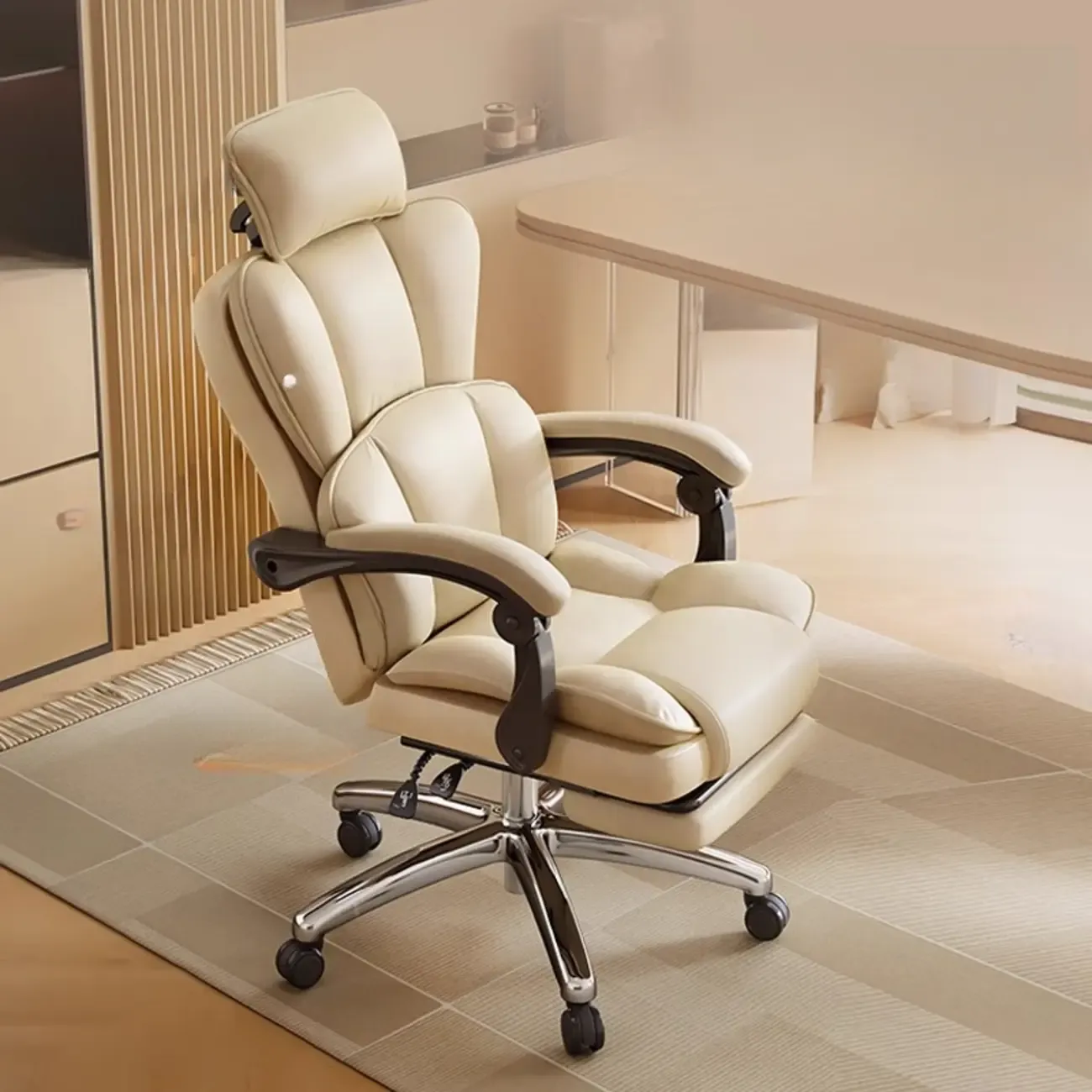 Modern Khaki Leather Adjustable Reclining Office Chair