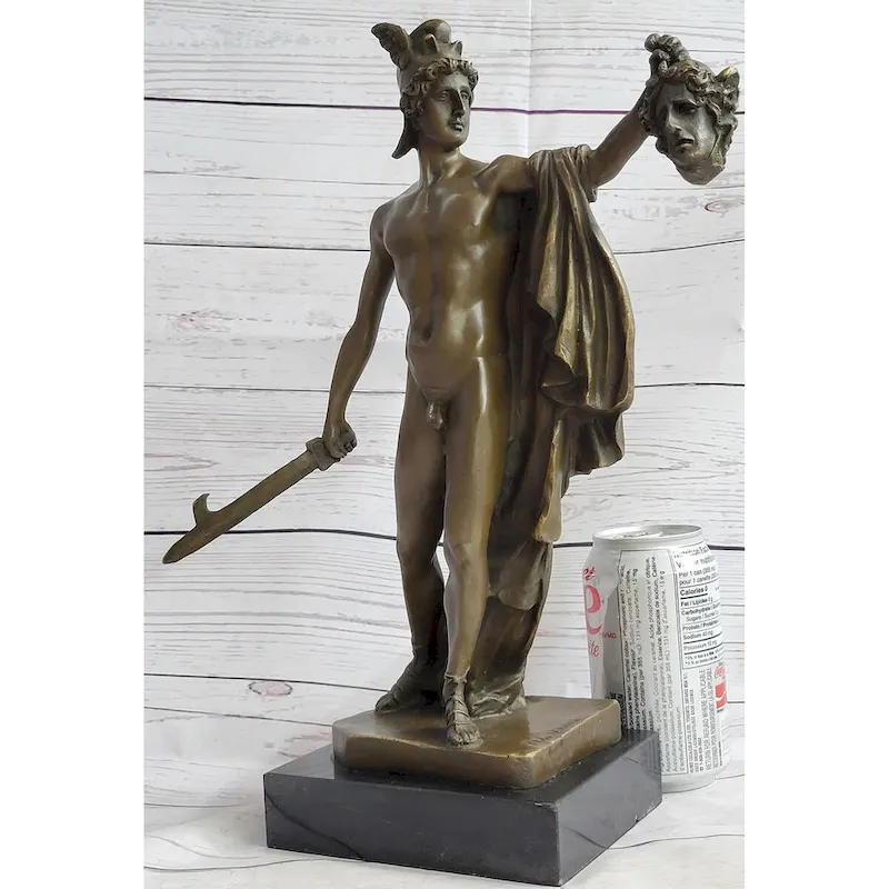 Greek Hero Perseus Holding The Head Of Medusa Bronze Sculpture Statue On Marble Base 15 Inches X 12 Inches