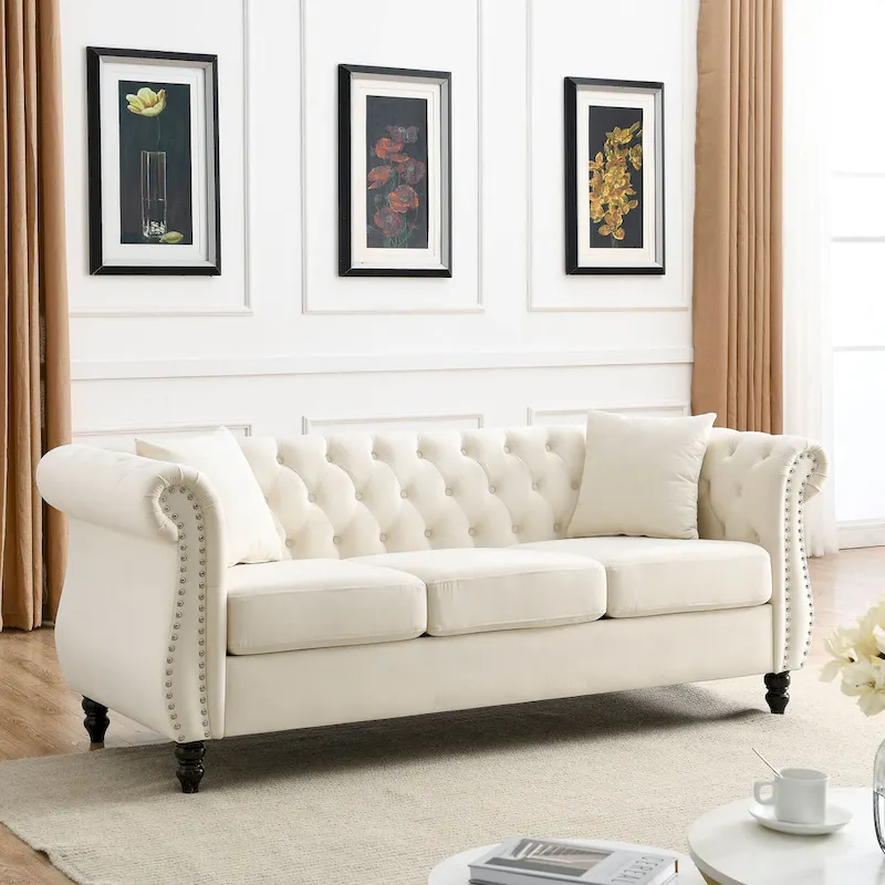 Beige Velvet Chesterfield 3 Seater Sofa with Rolled Arms, Nailhead Trim, 2 Pillows