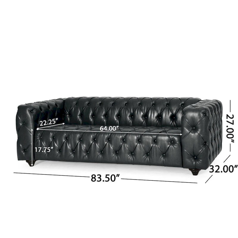 Black Modern 83.5 Faux Leather Button Tufted 3-Seater Sofa with Wood Legs