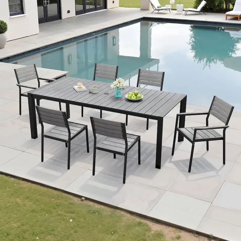 7-Piece Patio Dining Set Aluminum Dining Table with Umbrella Hole and Stackable Chairs
